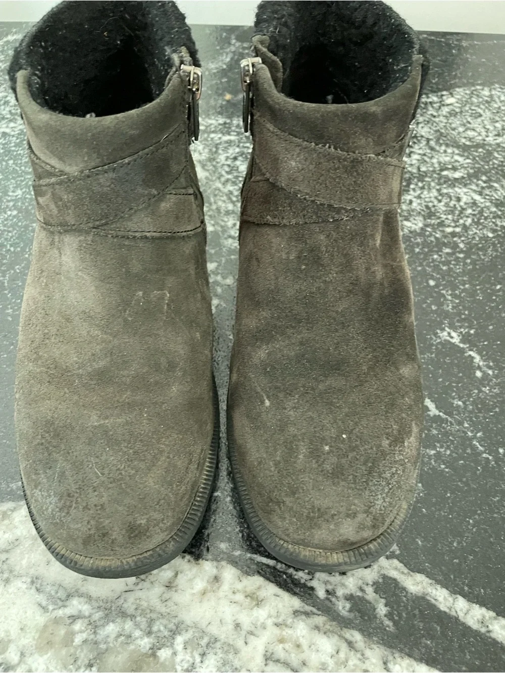 UGG Dark Brown Suede Ankle Booties with Black Shearling Collar